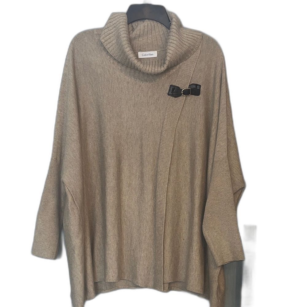 Calvin Klein Sz L/XL Taupe Cowl Neck Poncho Sweater W/ Buckle #luxe #flowy #chic